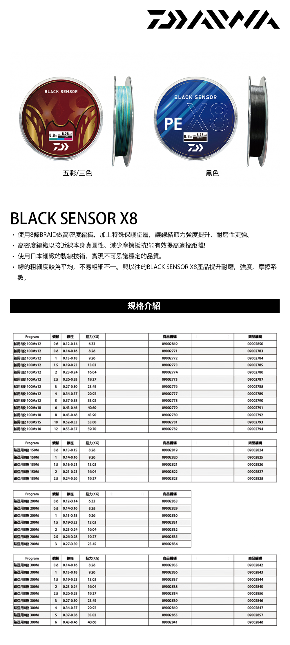 DAIWA BLACK SENSOR X8 150M 黑色[PE線] - 漁拓釣具官方線上購物平台